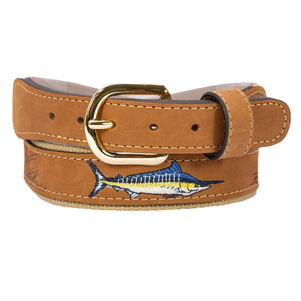 Zep Pro Leather Embroidered Marlin Belt Mens Sz 42 Tan Buff Emboss Fishing Boat